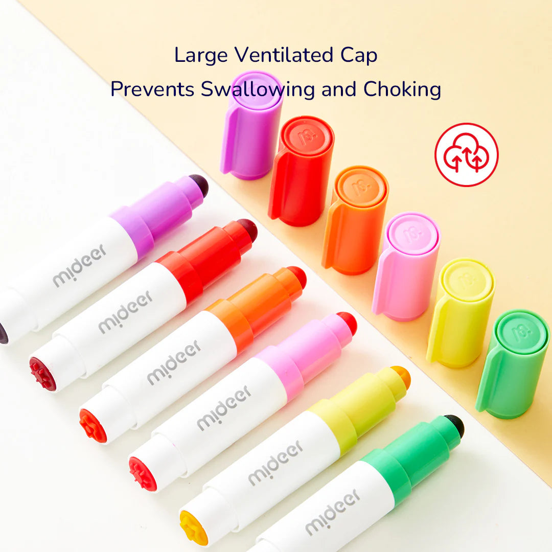 Divpusējs mazgājams marķieris - apaļš uzgalis un zīmogs - 6 krāsas